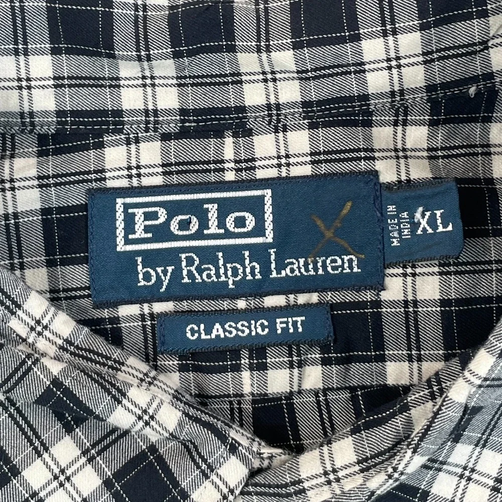 Vintage Polo Ralph Lauren Shirt Men XL Black Plaid Double Flap Pocket‎ Pony Work
